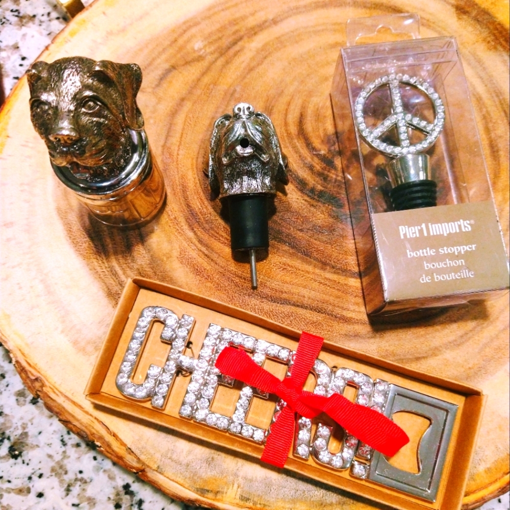 Pottery Barn & Pier 1 Home Bar Tools Set - Shot Glass, Pourer, Stopper, & Opener